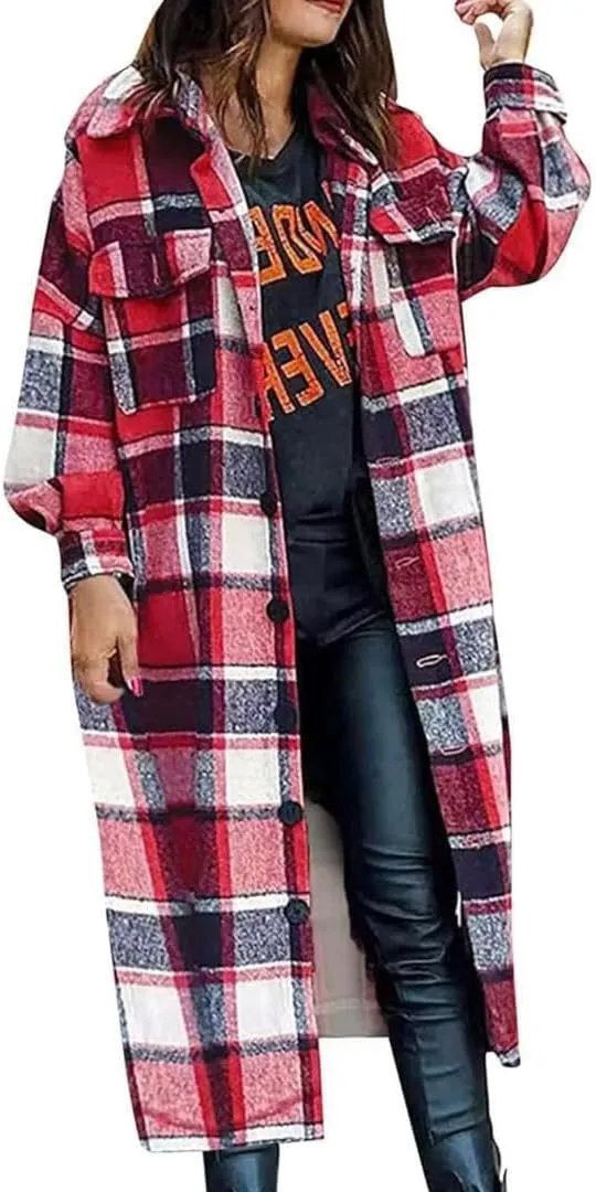 FMCHICO Casual Long Plaid Shirts Shacket Jacket Button Down Long Sleeve Shirts Trench Coats for Women
