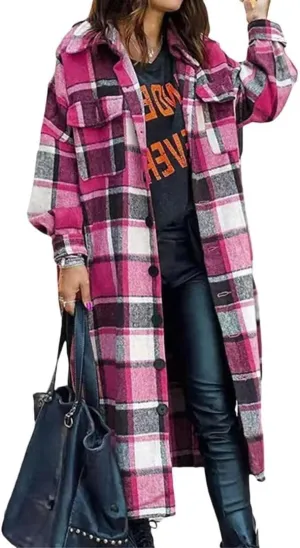 FMCHICO Casual Long Plaid Shirts Shacket Jacket Button Down Long Sleeve Shirts Trench Coats for Women