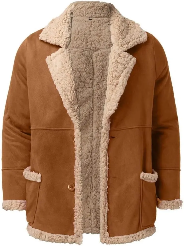 FMCHICO Mens Faux Suede Jacket Sherpa Lined Outwear Coat Casual Overcoat with Pockets