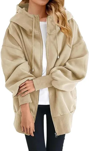 FMCHICO Oversized Zip Up Hoodies for Women Long Fleece Jacket Casual Long Sleeve Cute Sweatshirts with Pockets