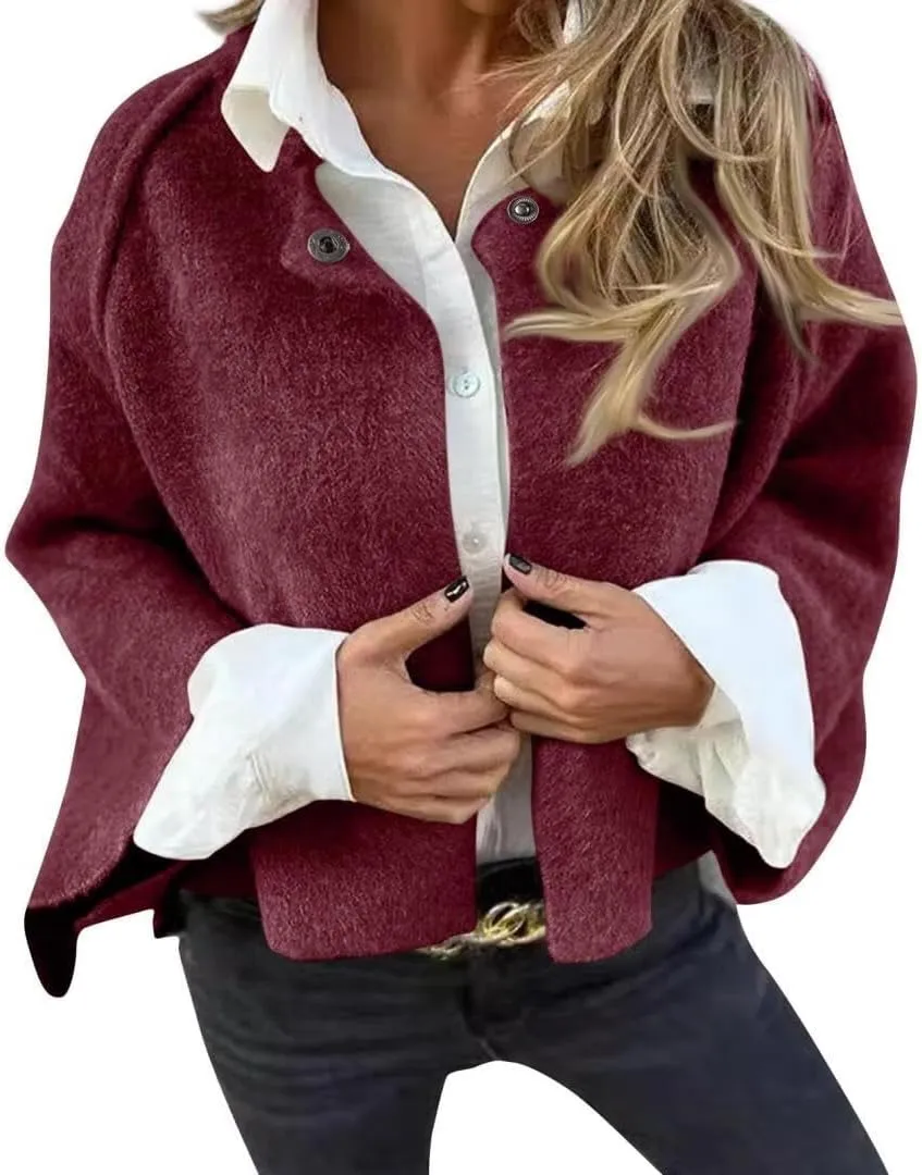 FMCHICO Women Cropped Wool Blend Pea Coat Short Jacket Peacoat Long Sleeve Button Down Crop Jacket