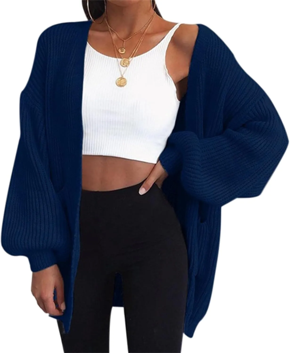 FMCHICO Womens 2023 Winter Open Front Long Sleeve Chunky Cable Knit Cardigan Sweater