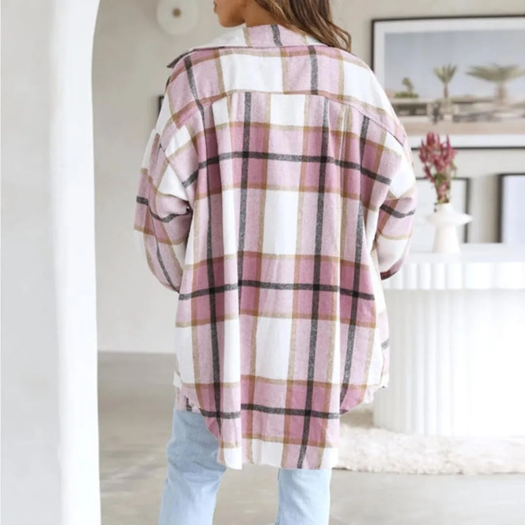 FMCHICO Womens Casual Plaid Flannel Shacket Jacket Oversized Button Down Long Sleeve Fall Shirt Jacket