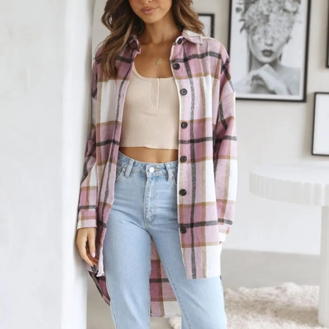 FMCHICO Womens Casual Plaid Flannel Shacket Jacket Oversized Button Down Long Sleeve Fall Shirt Jacket