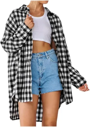FMCHICO Womens Casual Plaid Flannel Shacket Jacket Oversized Button Down Long Sleeve Fall Shirt Jacket