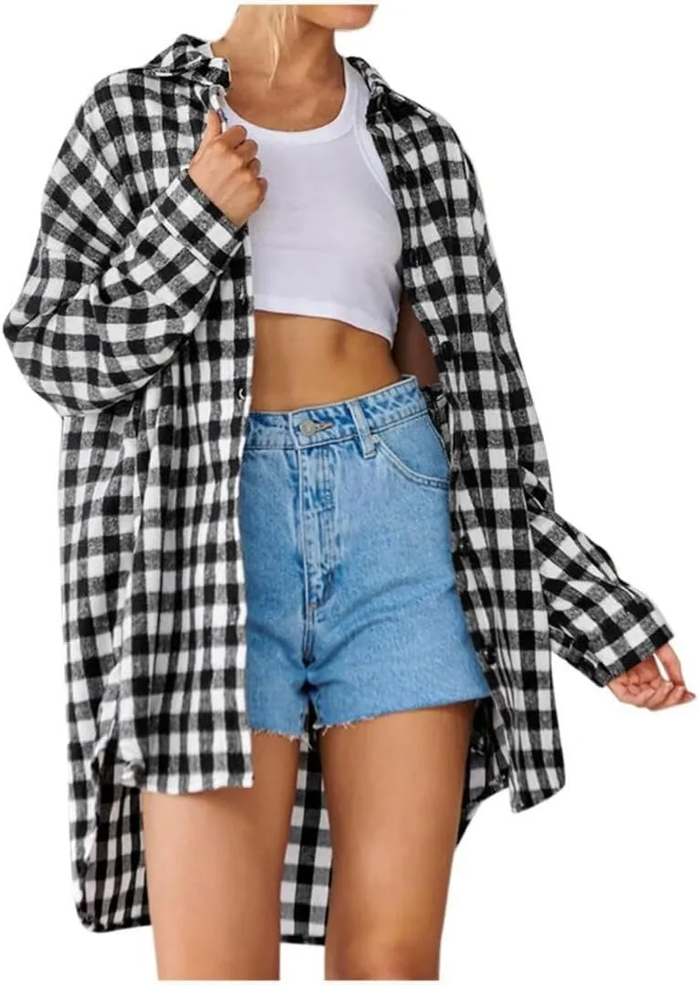 FMCHICO Womens Casual Plaid Flannel Shacket Jacket Oversized Button Down Long Sleeve Fall Shirt Jacket