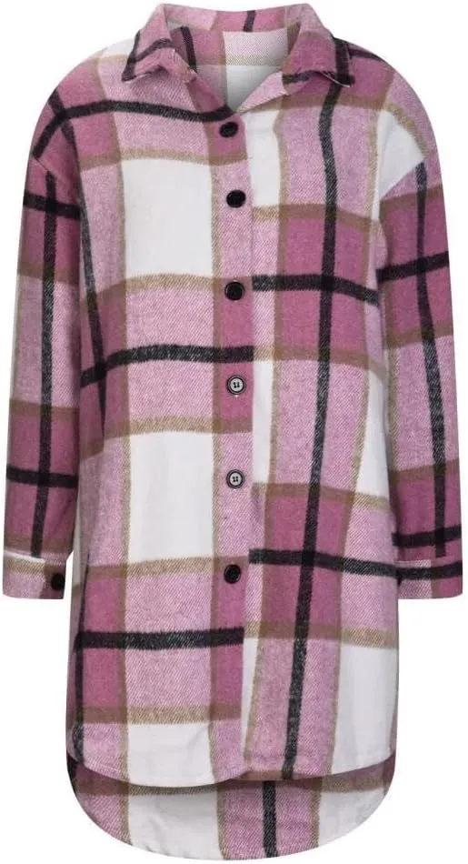 FMCHICO Womens Casual Plaid Flannel Shacket Jacket Oversized Button Down Long Sleeve Fall Shirt Jacket