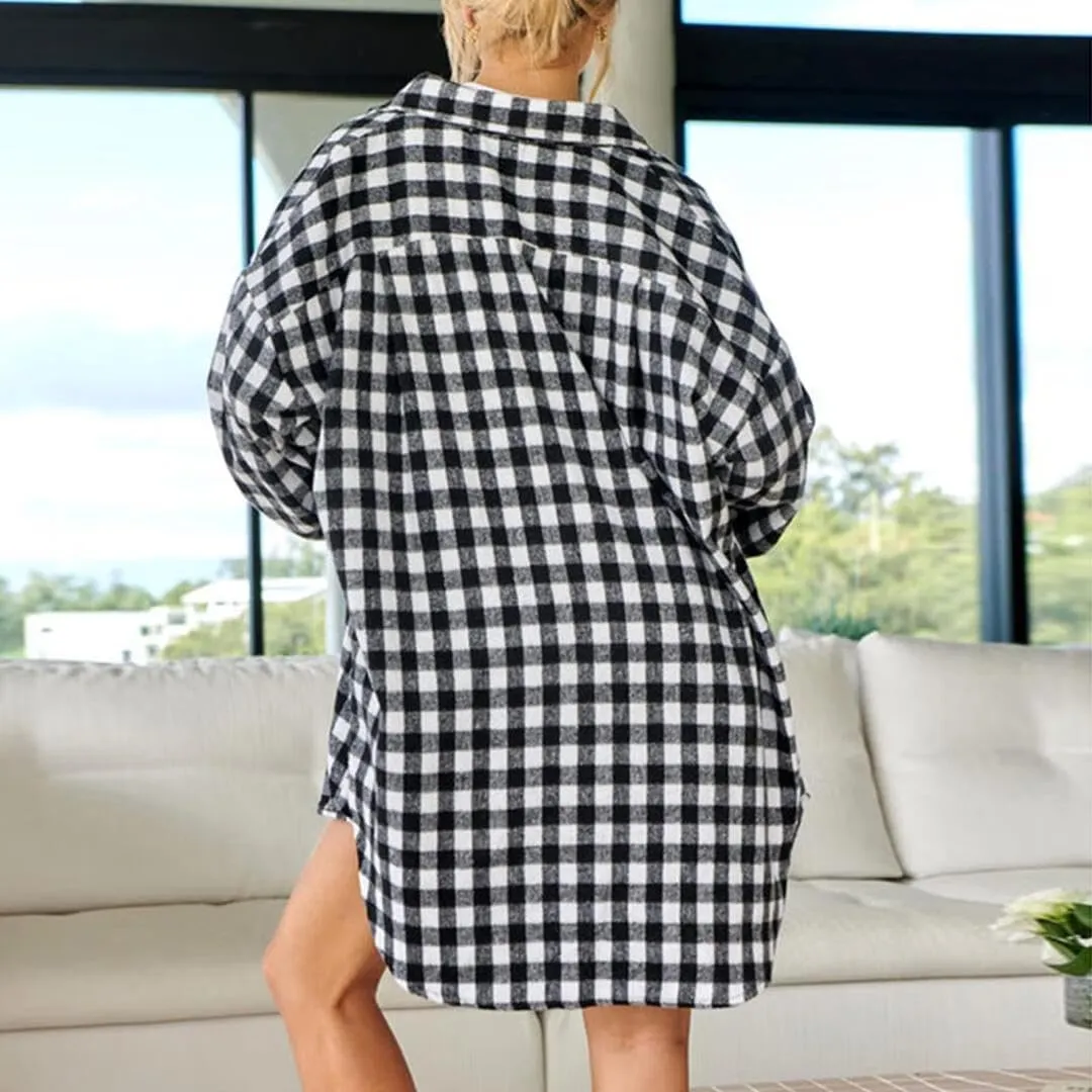 FMCHICO Womens Casual Plaid Flannel Shacket Jacket Oversized Button Down Long Sleeve Fall Shirt Jacket