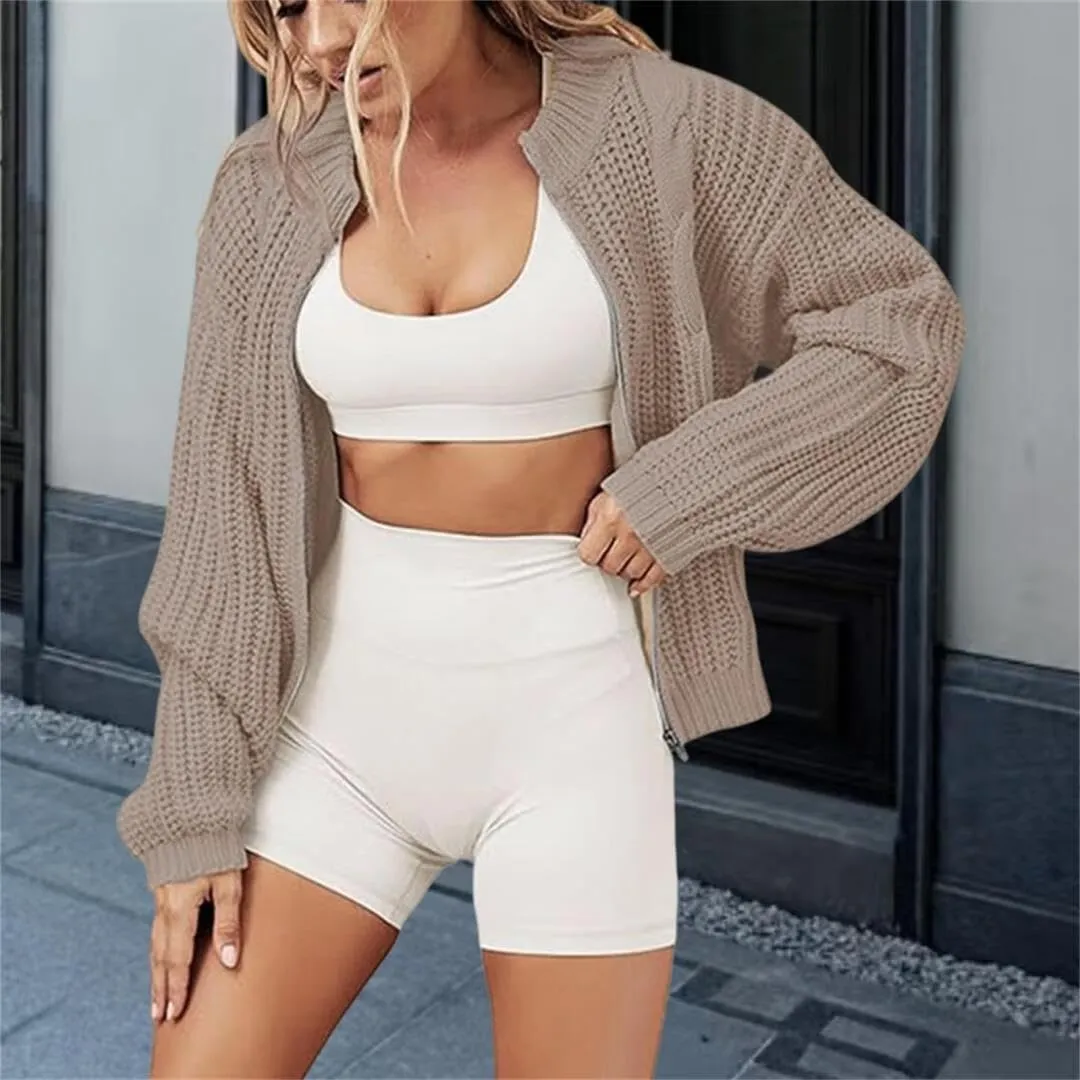 FMCHICO Women's Chunky Knit Open Front Sweater Long Sleeve Zipper Loose Short Cardigan Outerwear Coats
