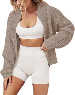 FMCHICO Women's Chunky Knit Open Front Sweater Long Sleeve Zipper Loose Short Cardigan Outerwear Coats
