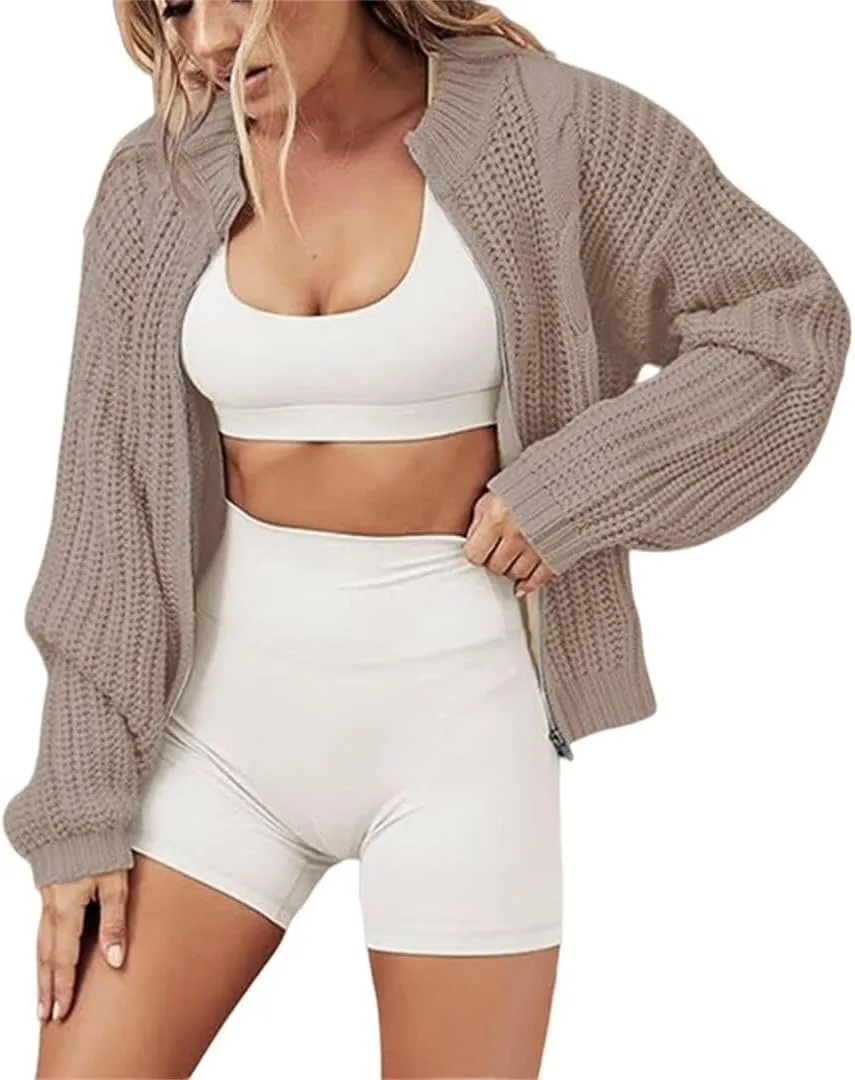 FMCHICO Women's Chunky Knit Open Front Sweater Long Sleeve Zipper Loose Short Cardigan Outerwear Coats