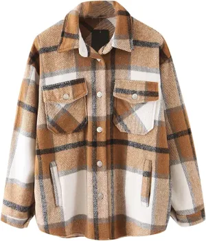 FMCHICO Womens Corduroy Shirts Casual Long Sleeve Button Down Shacket Jackets Oversized Blouses Tops with Pockets