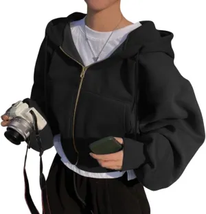 FMCHICO Women's Cropped Zip Up Hoodie Casual Long Sleeve Workout Hooded Sweatshirt Coat