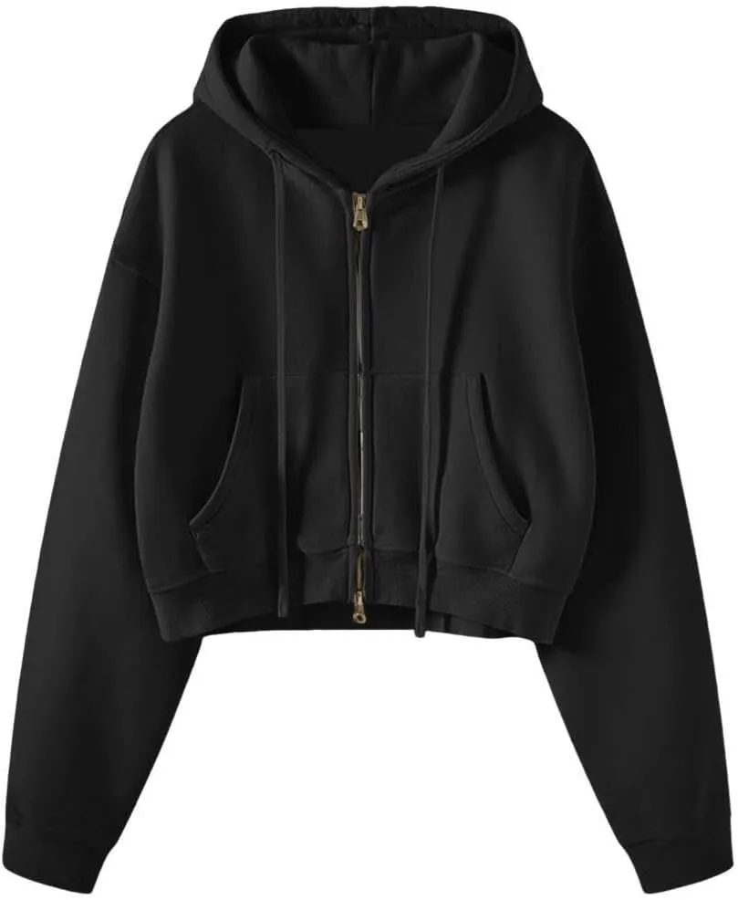 FMCHICO Women's Cropped Zip Up Hoodie Casual Long Sleeve Workout Hooded Sweatshirt Coat