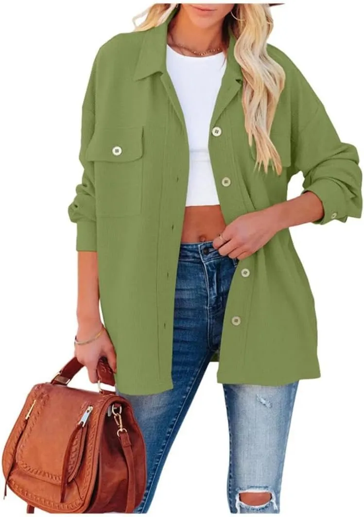FMCHICO Womens Lapel Collar Long Shirts Casual Button Down Oversized Shacket Coat