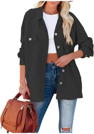 FMCHICO Womens Lapel Collar Long Shirts Casual Button Down Oversized Shacket Coat
