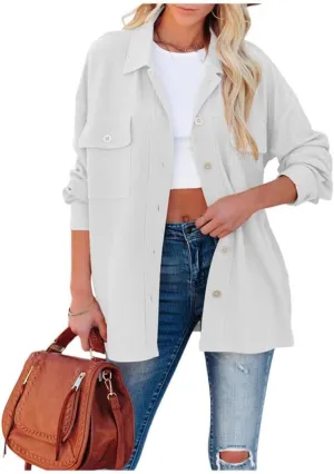 FMCHICO Womens Lapel Collar Long Shirts Casual Button Down Oversized Shacket Coat