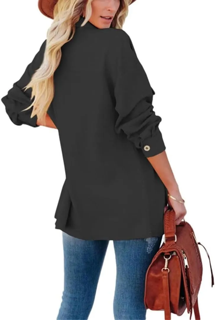 FMCHICO Womens Lapel Collar Long Shirts Casual Button Down Oversized Shacket Coat