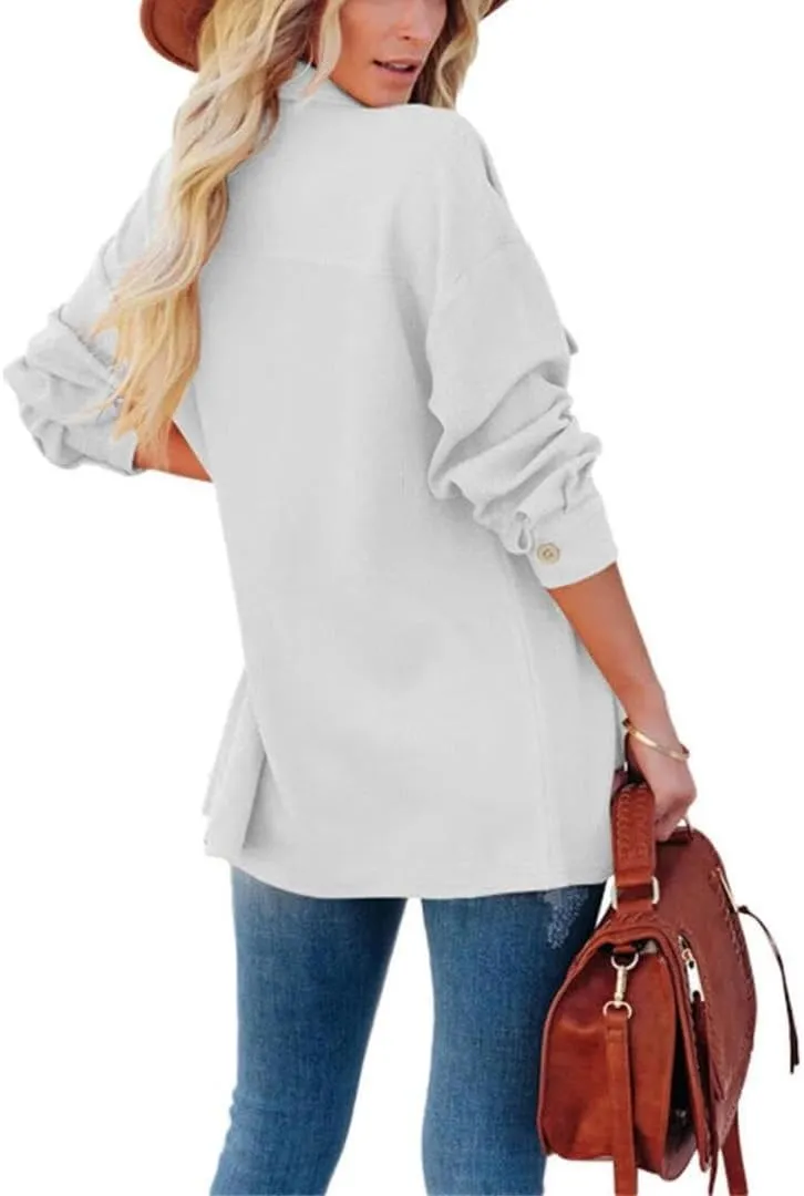 FMCHICO Womens Lapel Collar Long Shirts Casual Button Down Oversized Shacket Coat