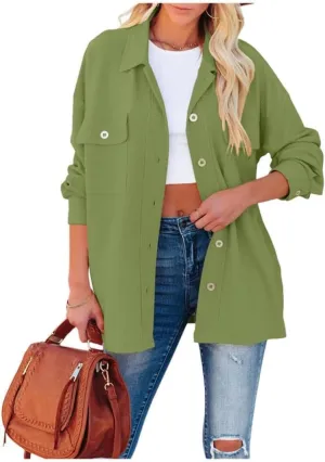 FMCHICO Womens Lapel Collar Long Shirts Casual Button Down Oversized Shacket Coat