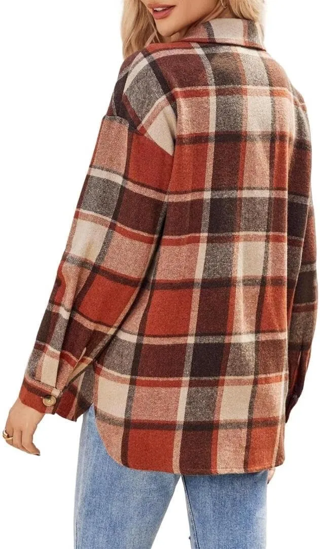 FMCHICO Women's Long Sleeve Button Down Jackets Plaid Flannel Shirts Tops Casual Oversized Shackets Blouses