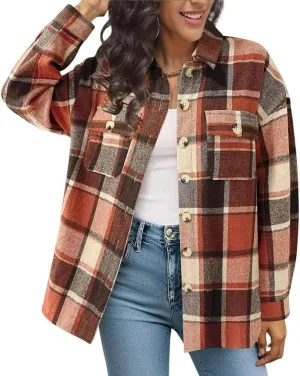 FMCHICO Women's Long Sleeve Button Down Jackets Plaid Flannel Shirts Tops Casual Oversized Shackets Blouses