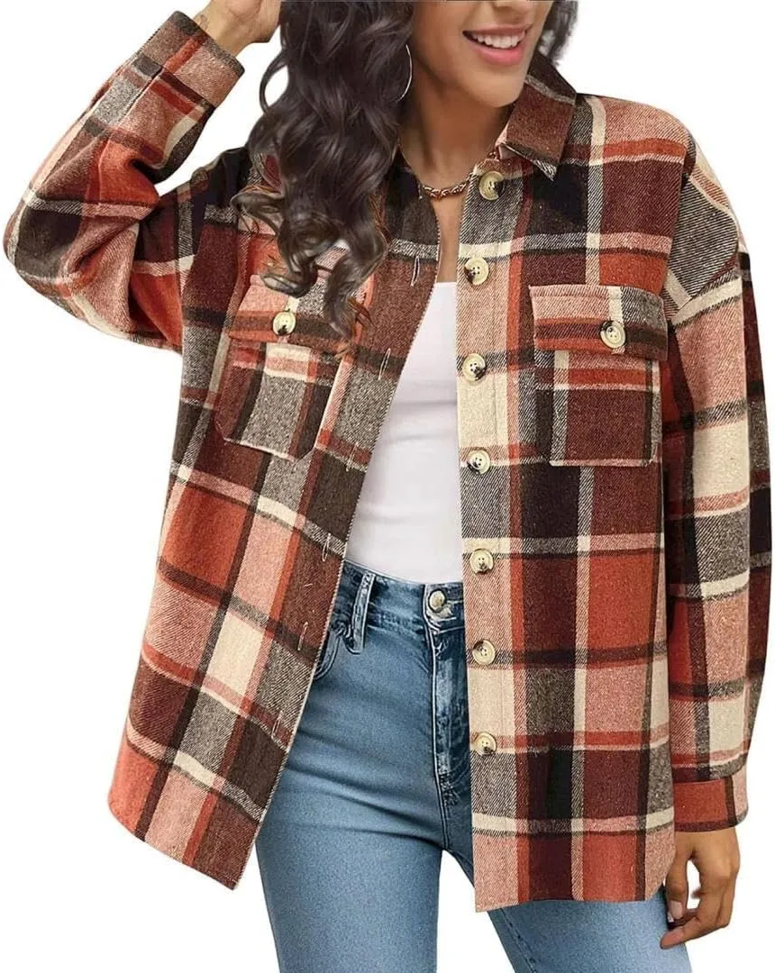 FMCHICO Women's Long Sleeve Button Down Jackets Plaid Flannel Shirts Tops Casual Oversized Shackets Blouses