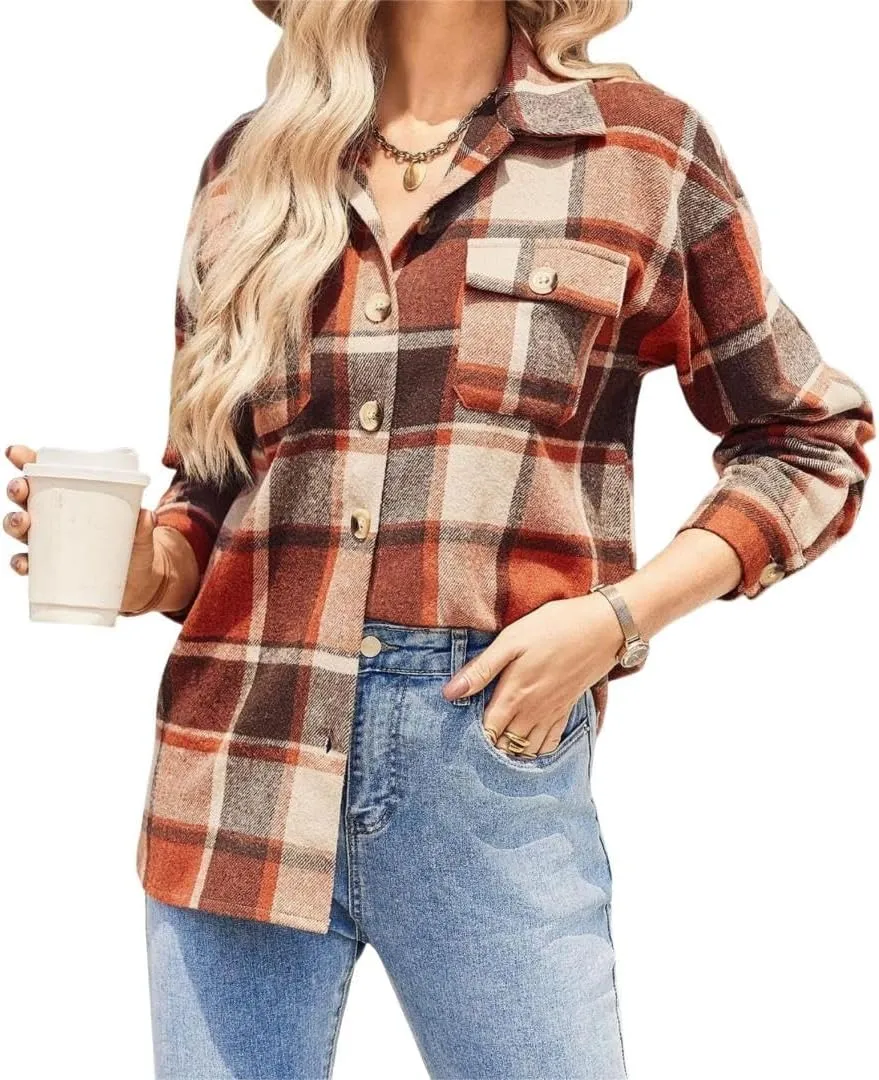 FMCHICO Women's Long Sleeve Button Down Jackets Plaid Flannel Shirts Tops Casual Oversized Shackets Blouses