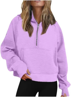FMCHICO Womens Sweatshirts Half Zip Cropped Pullover Fleece Quarter Zipper Hoodies Fall outfits Clothes Thumb Hole