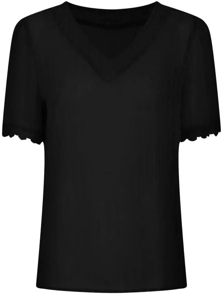FMCHICO Women's V Neck Lace Crochet Tunic Tops Flowy Casual Blouses Shirts