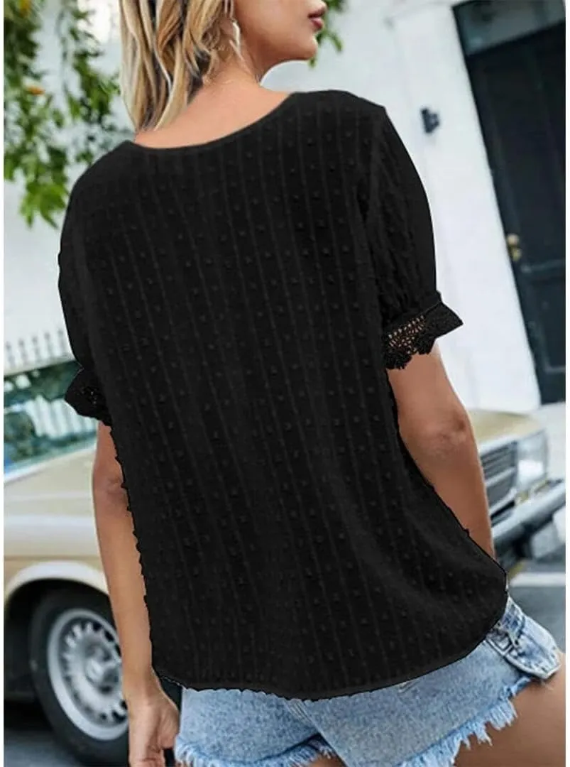 FMCHICO Women's V Neck Lace Crochet Tunic Tops Flowy Casual Blouses Shirts