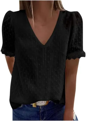 FMCHICO Women's V Neck Lace Crochet Tunic Tops Flowy Casual Blouses Shirts
