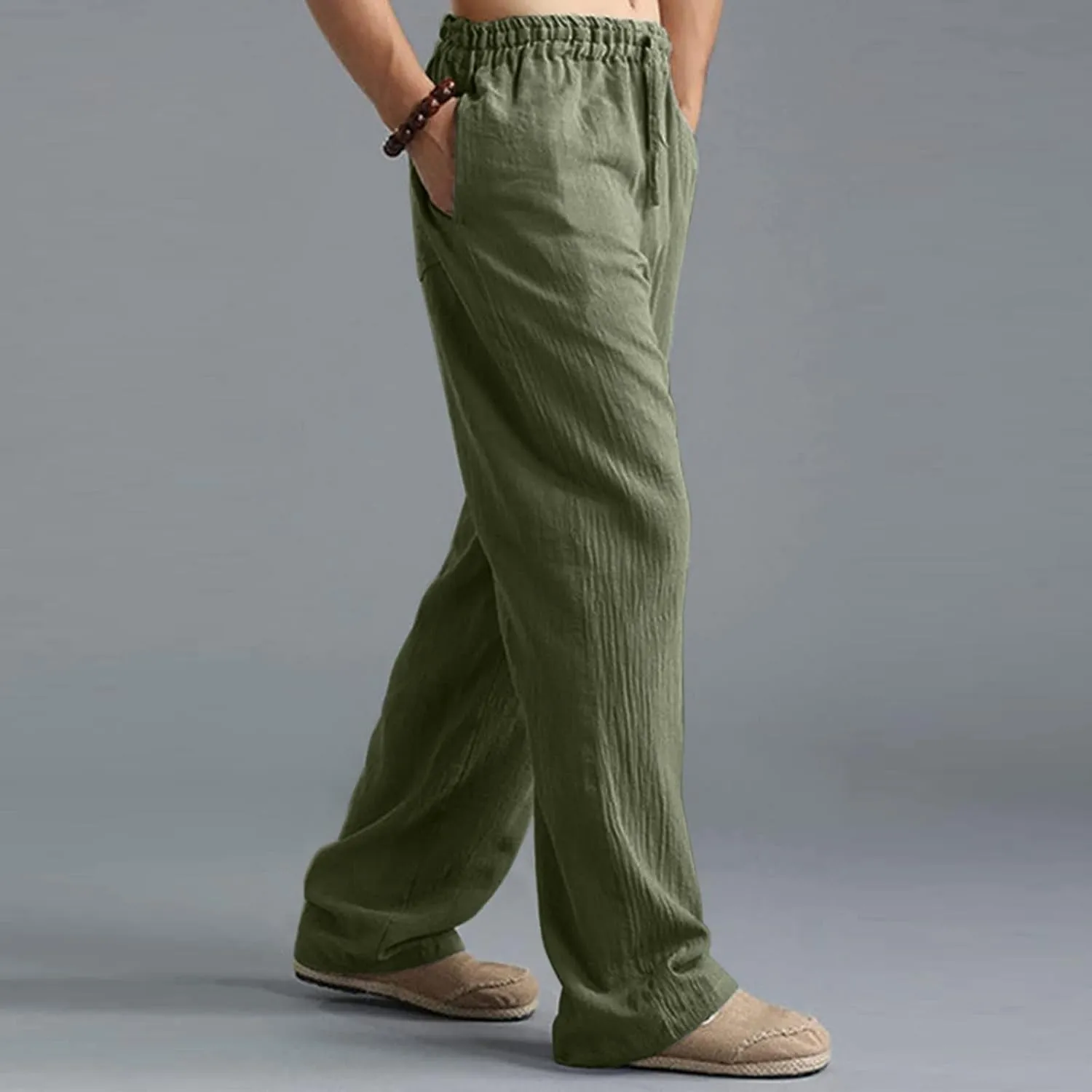 GIERIDUC Men's Sweatpants Open Bottom Baggy Cotton Linen Sweat Pants for Men Lightweight Breathable Lounge Pants with Pockets