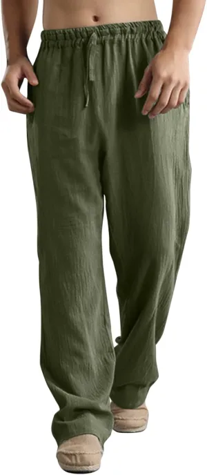 GIERIDUC Men's Sweatpants Open Bottom Baggy Cotton Linen Sweat Pants for Men Lightweight Breathable Lounge Pants with Pockets