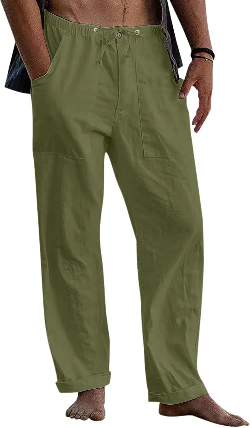 GIERIDUC Men's Sweatpants Open Bottom Baggy Cotton Linen Sweat Pants for Men Lightweight Breathable Lounge Pants with Pockets