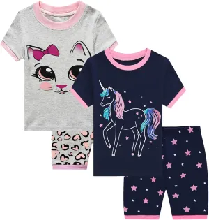 Girls Cotton Pajamas Short Sleeve Pjs Toddler Summer Sleepwear Sets