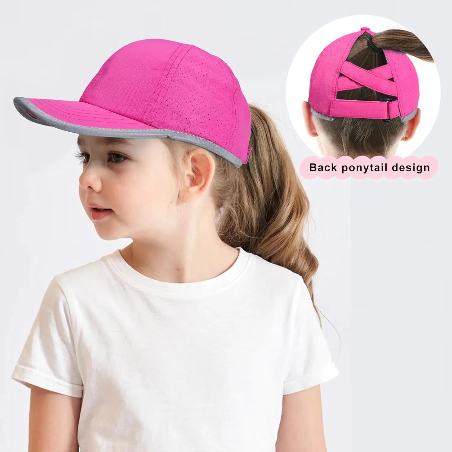 Girls Criss Cross Ponytail Baseball Cap Reflective Quick Dry Hat Kids Cooling Mesh Outdoor Sports Hat for Age 3-12
