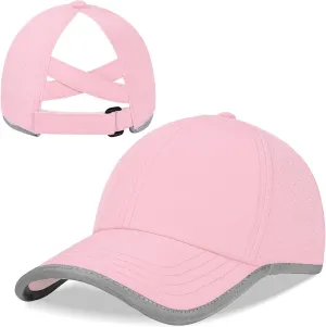 Girls Criss Cross Ponytail Baseball Cap Reflective Quick Dry Hat Kids Cooling Mesh Outdoor Sports Hat for Age 3-12