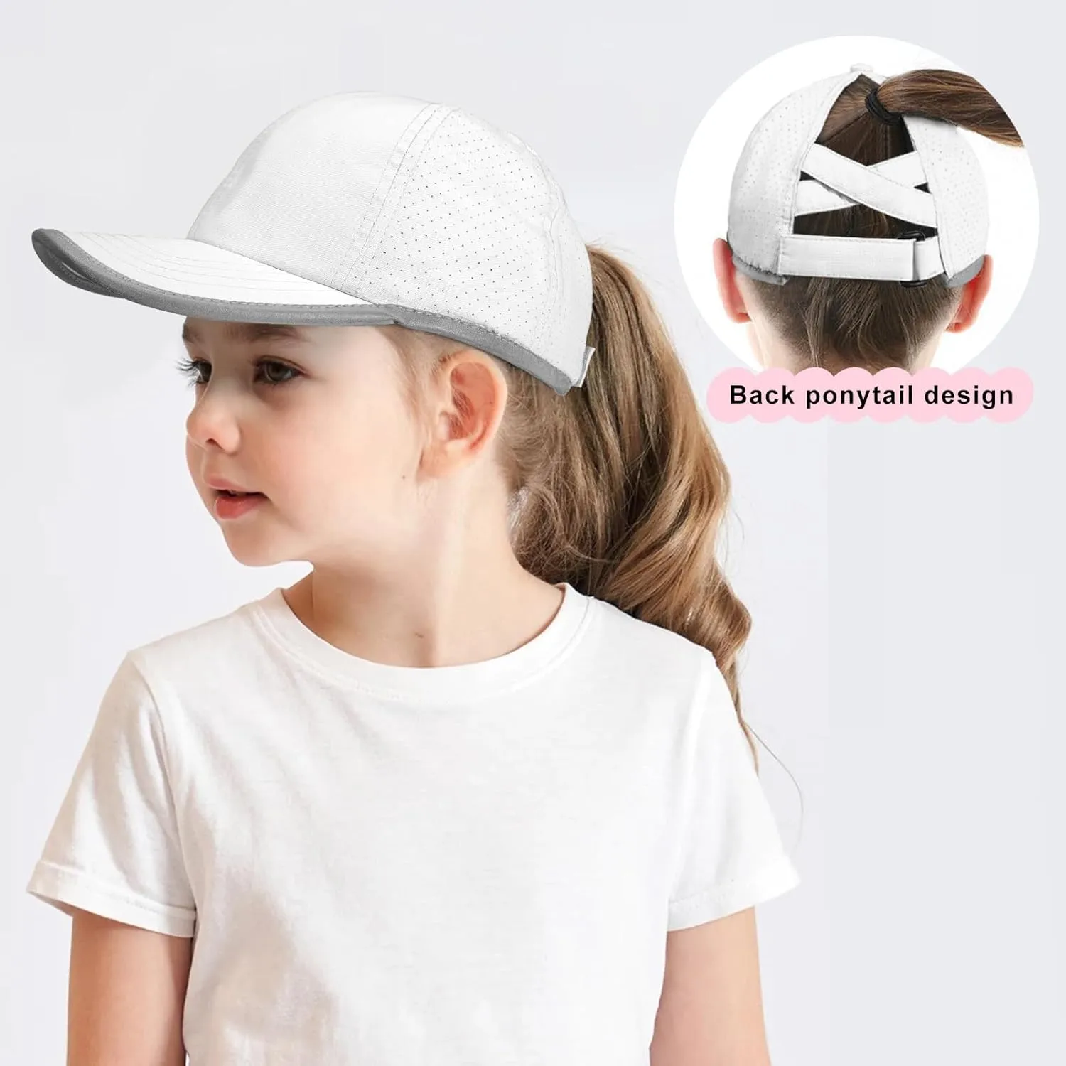 Girls Criss Cross Ponytail Baseball Cap Reflective Quick Dry Hat Kids Cooling Mesh Outdoor Sports Hat for Age 3-12