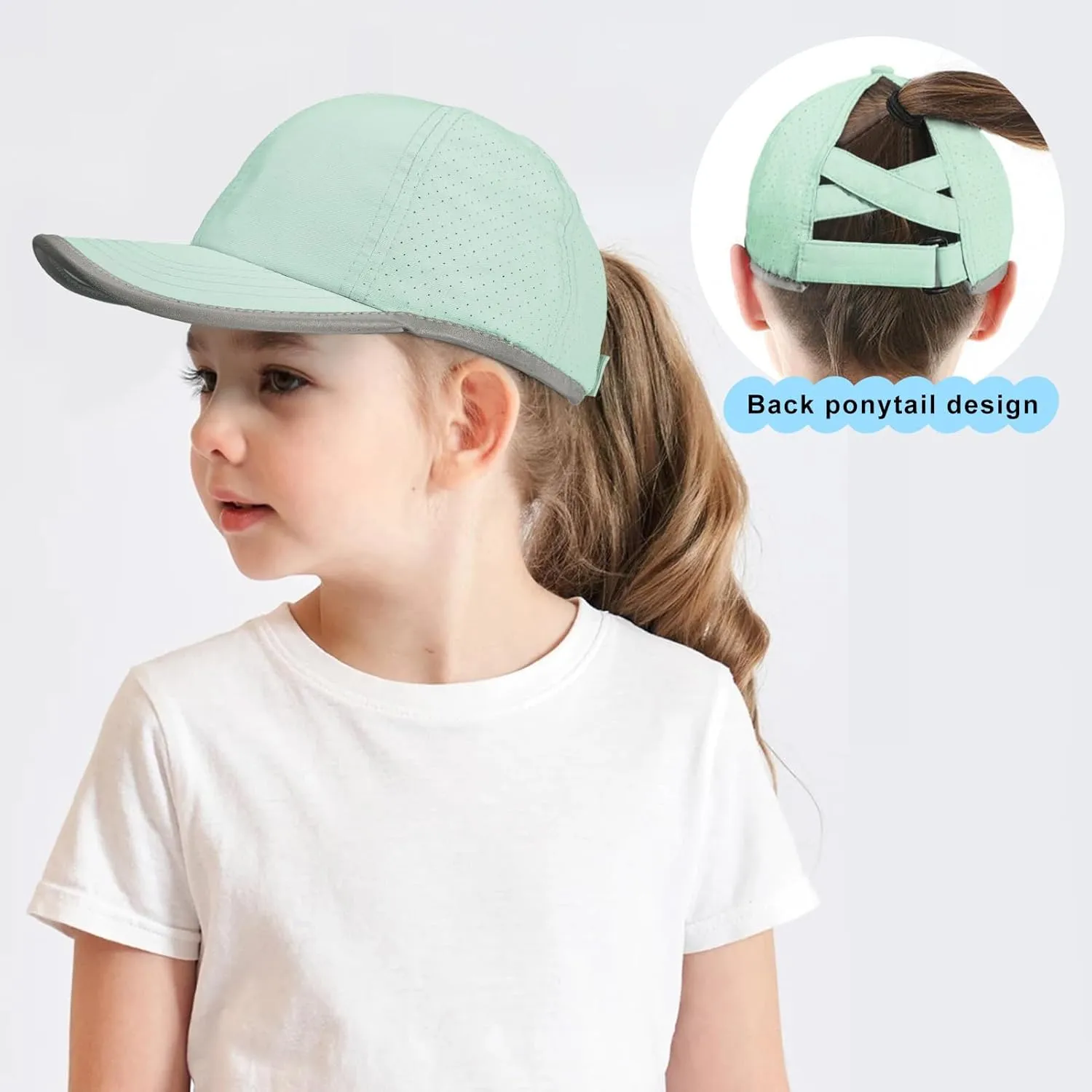 Girls Criss Cross Ponytail Baseball Cap Reflective Quick Dry Hat Kids Cooling Mesh Outdoor Sports Hat for Age 3-12