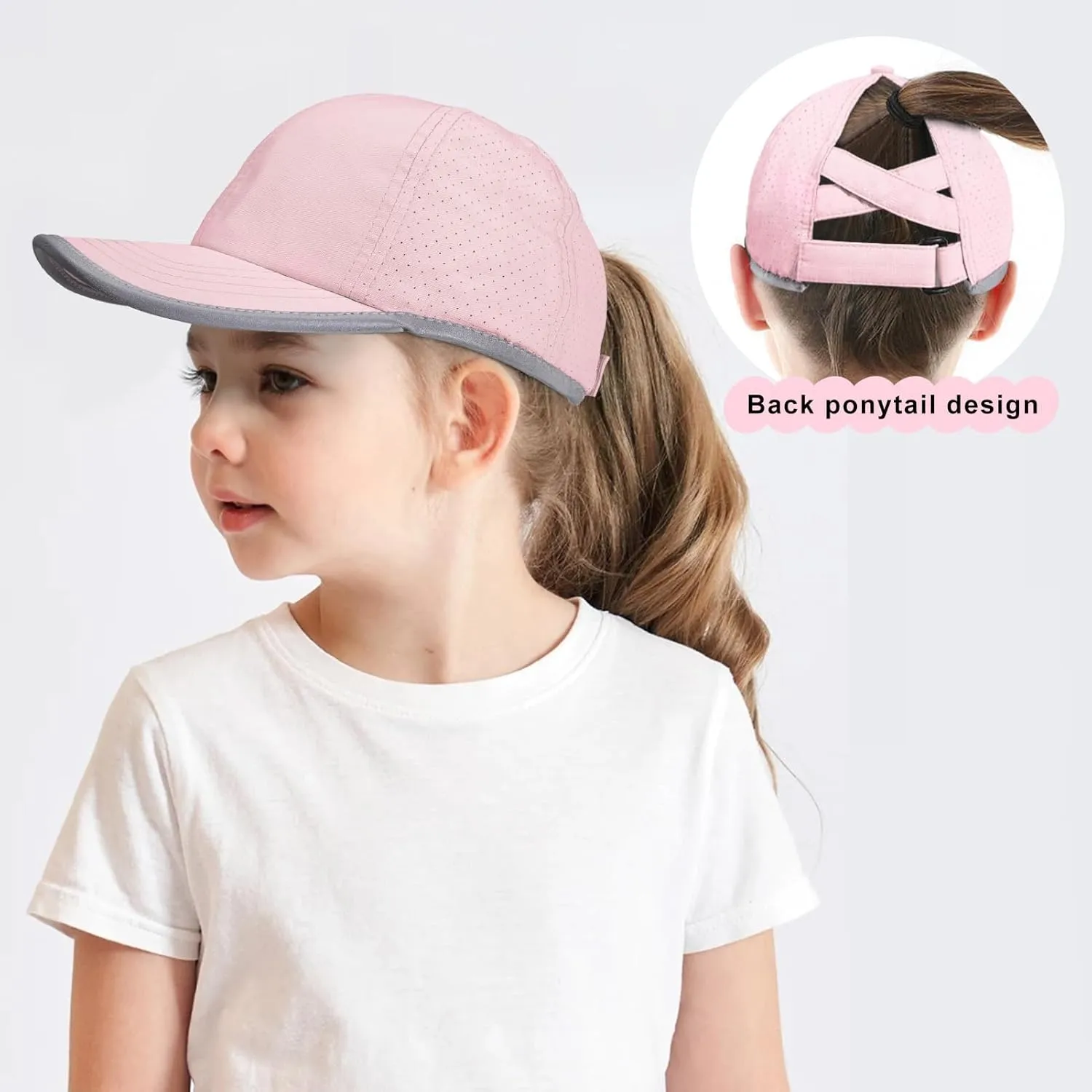 Girls Criss Cross Ponytail Baseball Cap Reflective Quick Dry Hat Kids Cooling Mesh Outdoor Sports Hat for Age 3-12