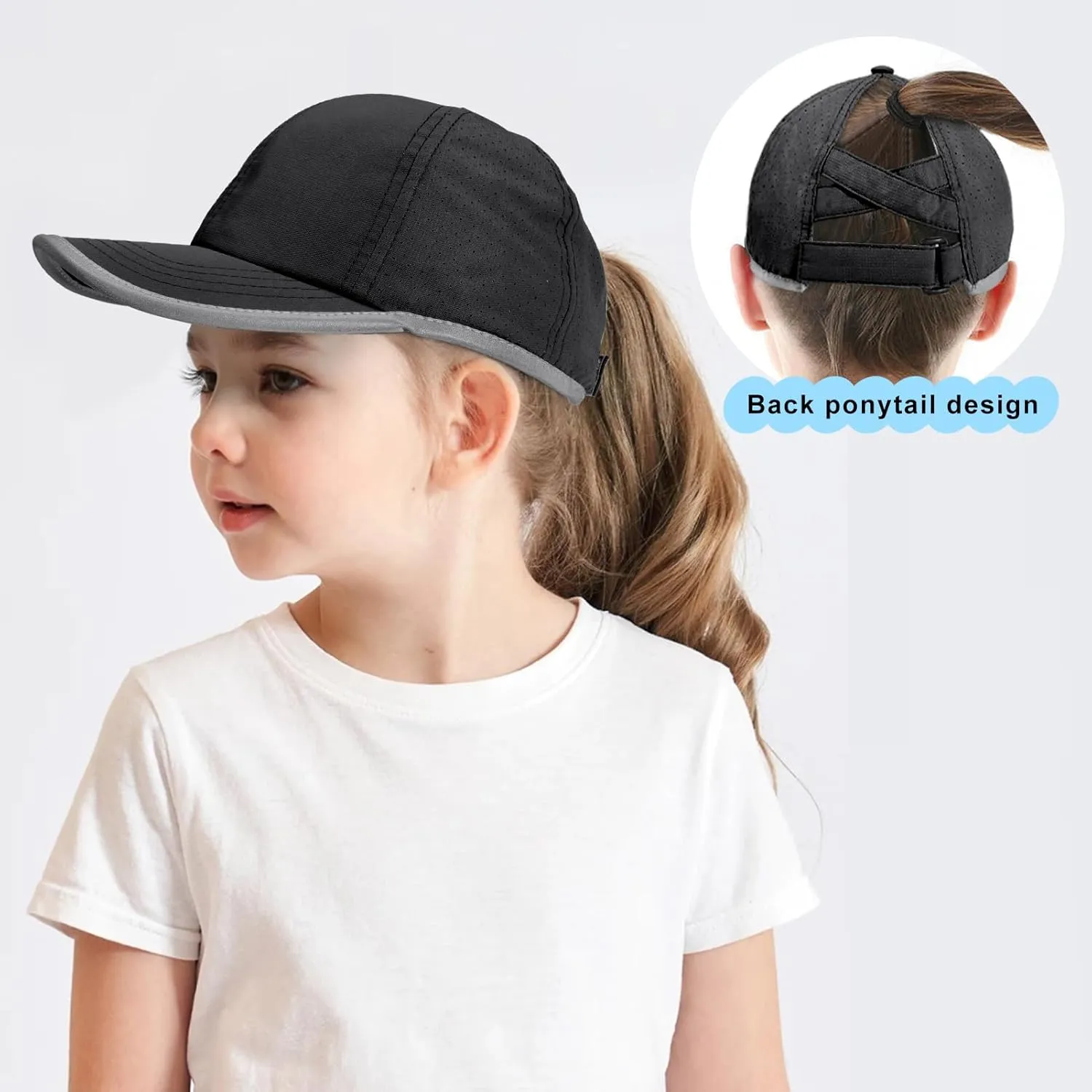 Girls Criss Cross Ponytail Baseball Cap Reflective Quick Dry Hat Kids Cooling Mesh Outdoor Sports Hat for Age 3-12