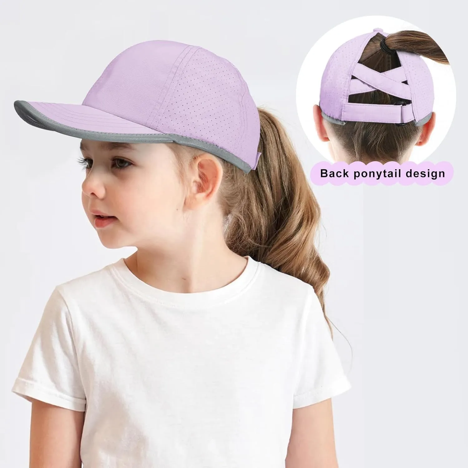 Girls Criss Cross Ponytail Baseball Cap Reflective Quick Dry Hat Kids Cooling Mesh Outdoor Sports Hat for Age 3-12