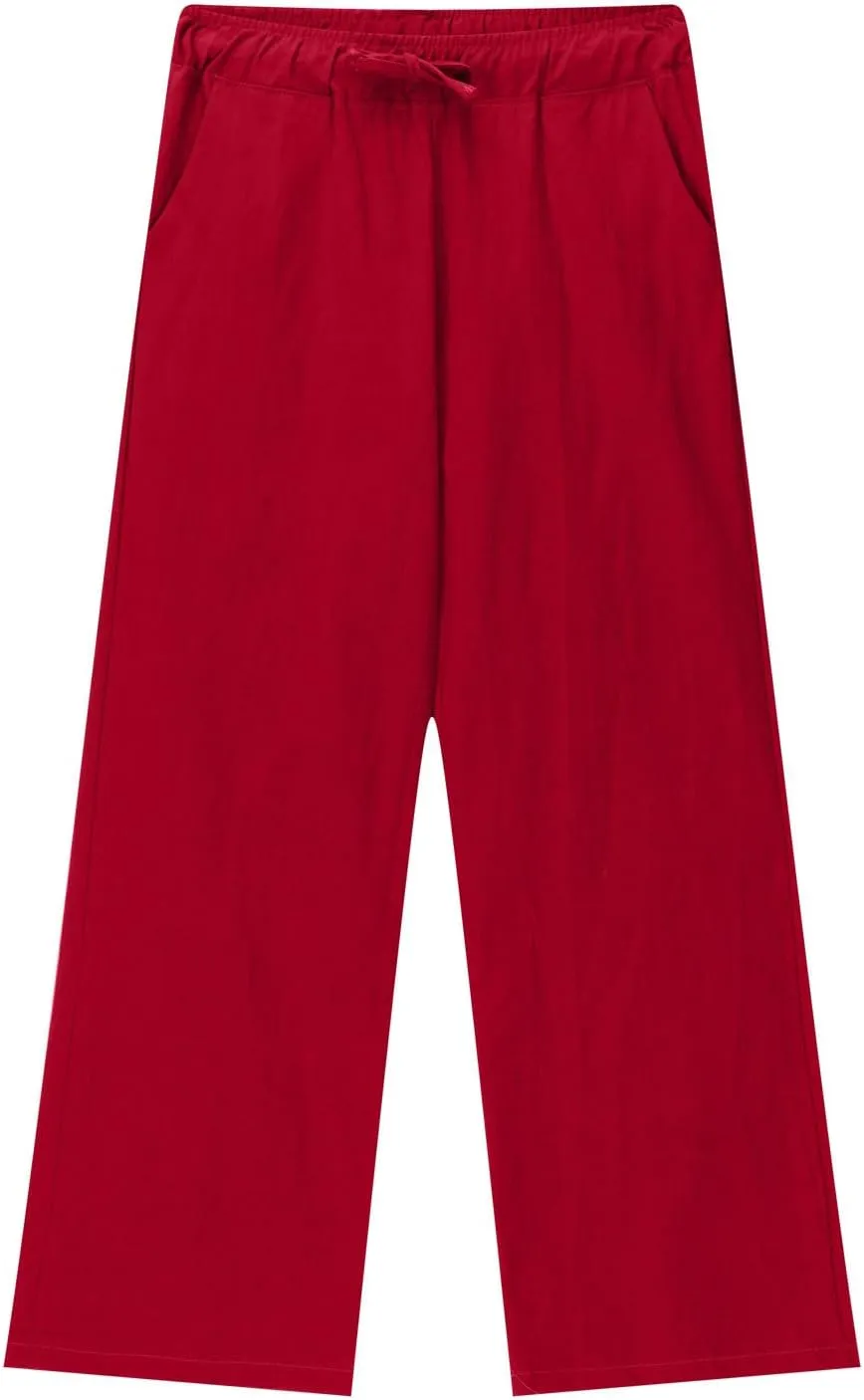 Girls Linen Pants High Waisted Loose Fit Girls Pants Size 10-12 Casual Summer Wide Leg Drawstring Trousers with Pockets