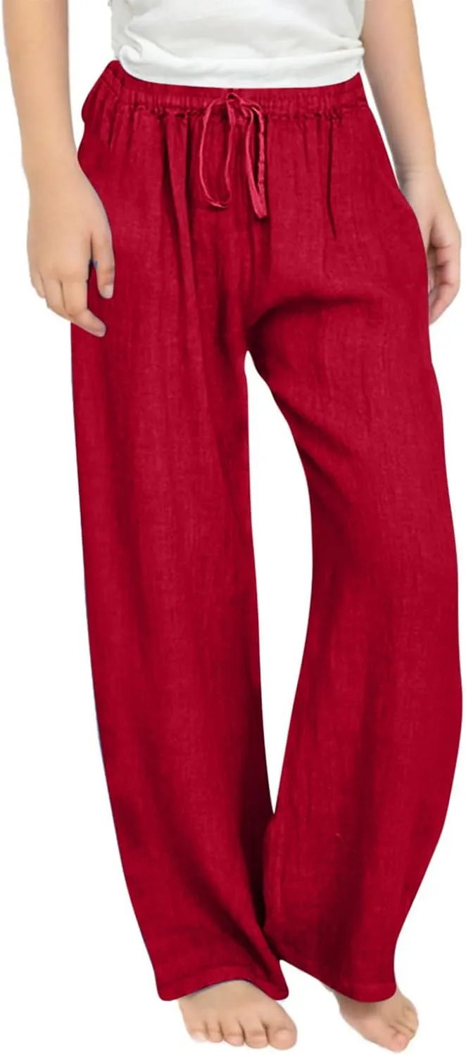 Girls Linen Pants High Waisted Loose Fit Girls Pants Size 10-12 Casual Summer Wide Leg Drawstring Trousers with Pockets
