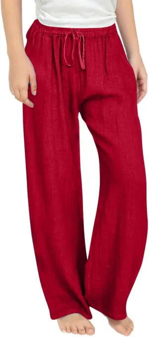 Girls Linen Pants High Waisted Loose Fit Girls Pants Size 10-12 Casual Summer Wide Leg Drawstring Trousers with Pockets