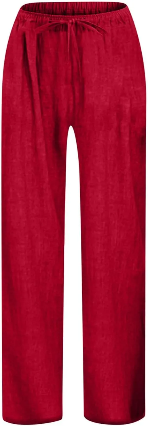 Girls Linen Pants High Waisted Loose Fit Girls Pants Size 10-12 Casual Summer Wide Leg Drawstring Trousers with Pockets