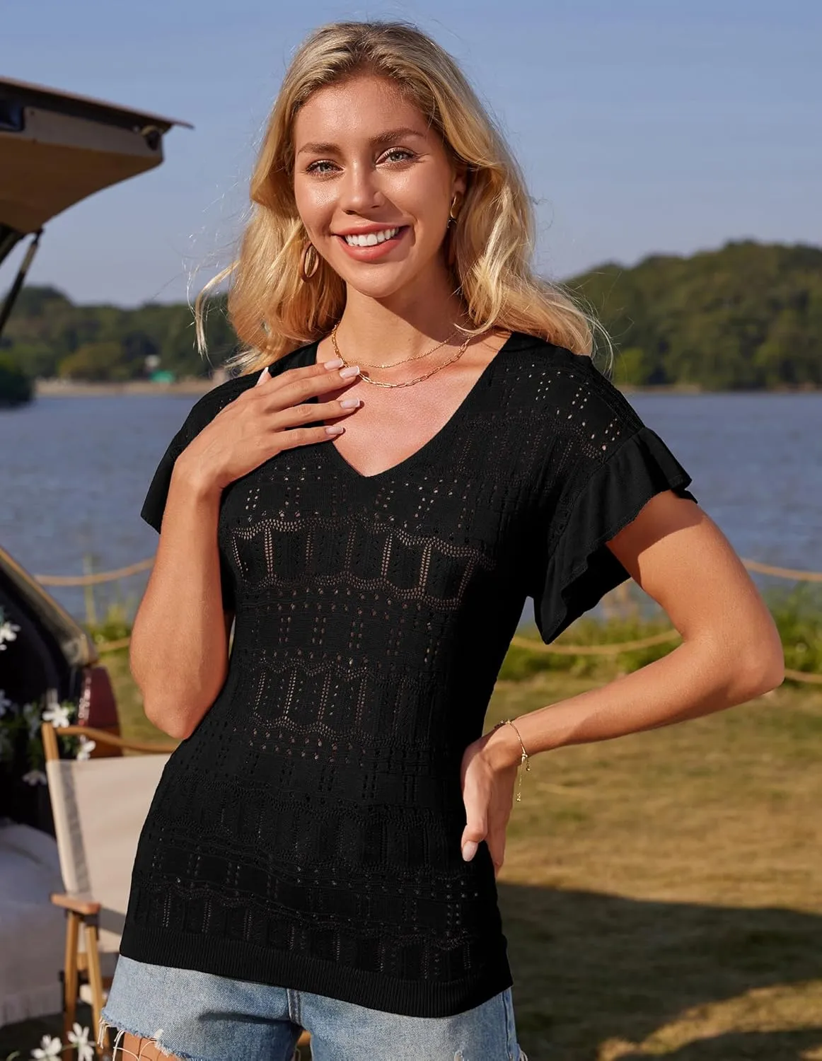 GRACE KARIN Women Hollow Out Crochet Knit V-Neck Sweater Ruffle Short Sleeve Casual Loose Fit Lightweight Summer Top