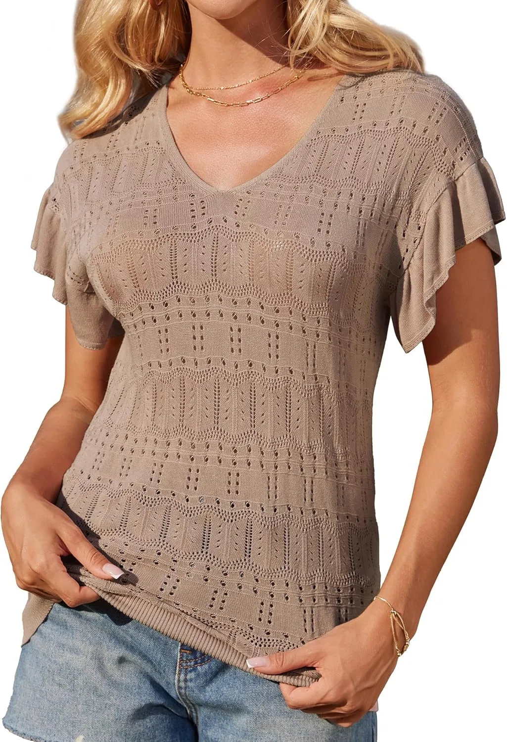 GRACE KARIN Women Hollow Out Crochet Knit V-Neck Sweater Ruffle Short Sleeve Casual Loose Fit Lightweight Summer Top