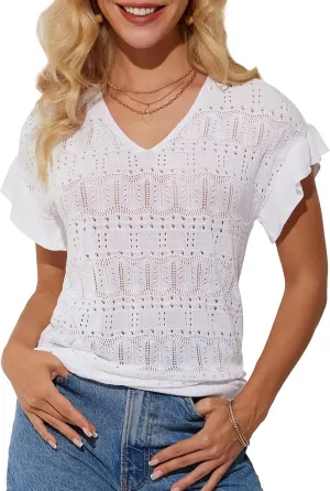 GRACE KARIN Women Hollow Out Crochet Knit V-Neck Sweater Ruffle Short Sleeve Casual Loose Fit Lightweight Summer Top